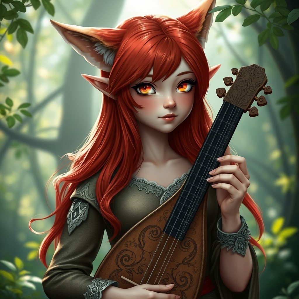 A half-elf character with striking red hair, holding a lute in hand