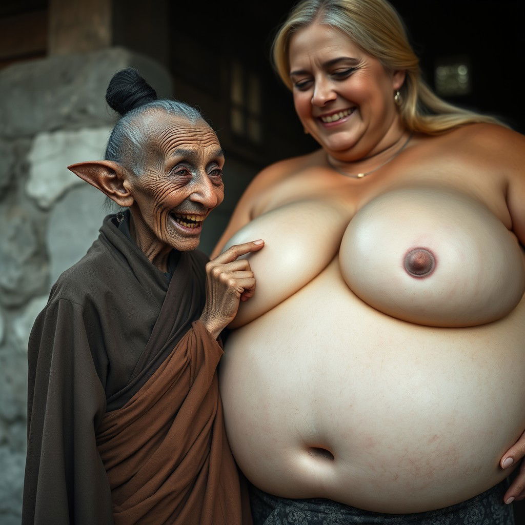 In a medieval village, a tiny elderly woman, standing just 1 meter tall like a dwarf, features very dark skin, an emaciated body with sharp, crooked teeth and elf-like ears