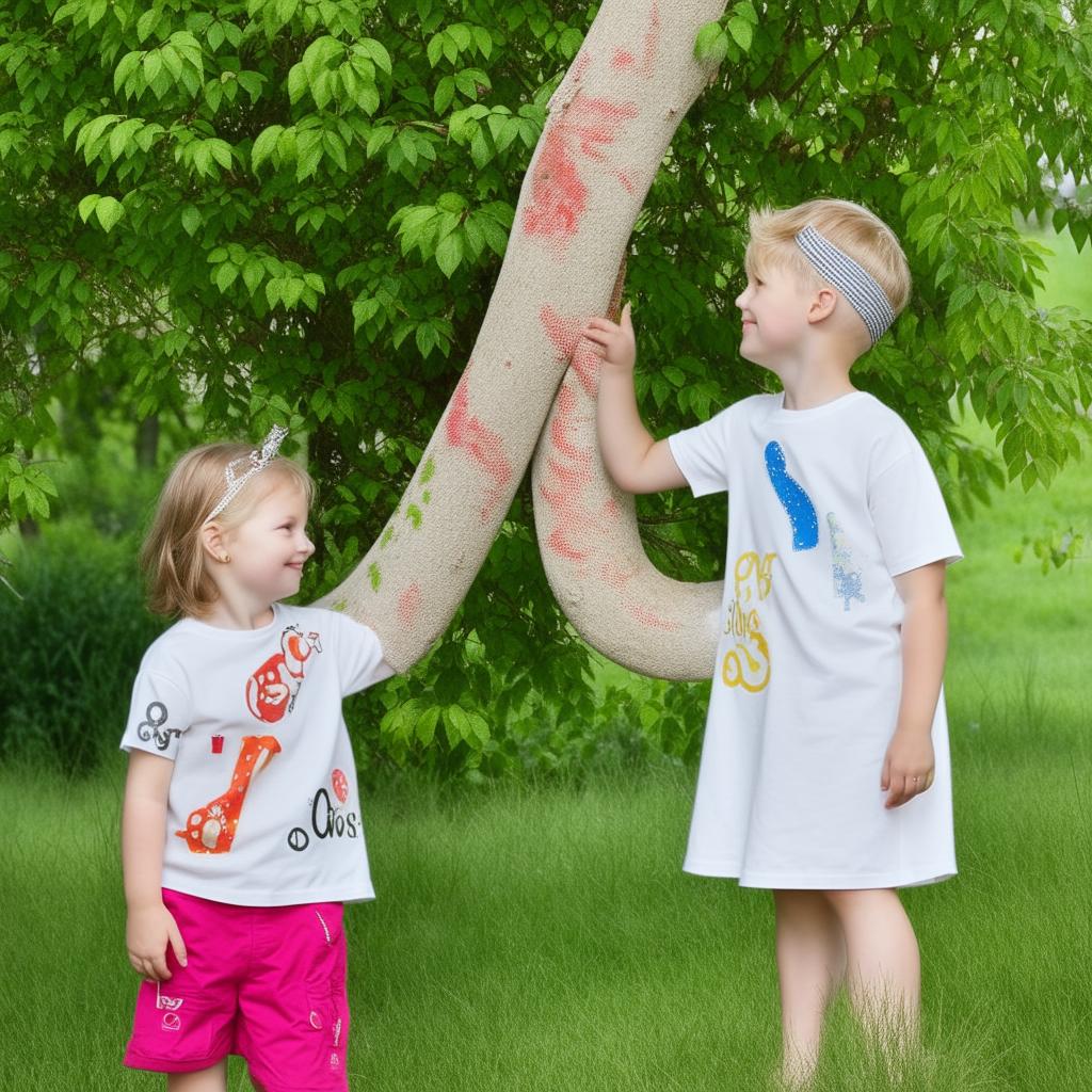 A lovely image of a boy and girl making eye contact in a park, each wearing outfits decorated with the alphabet 'S'.