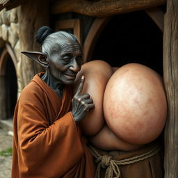 In a medieval village, an elderly woman standing at 1 meter tall, resembling a dwarf, of African descent with completely black skin and a malnourished body