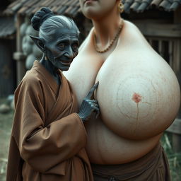 In a medieval village, an elderly woman standing at 1 meter tall, resembling a dwarf, of African descent with completely black skin and a malnourished body