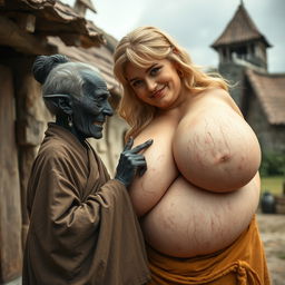 In a medieval village, an elderly woman standing at 1 meter tall, resembling a dwarf, of African descent with completely black skin and a malnourished body