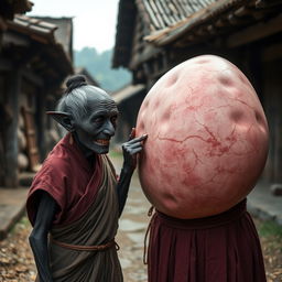 In a medieval village, an elderly woman standing at 1 meter tall, resembling a dwarf, of African descent with completely black skin and a malnourished body