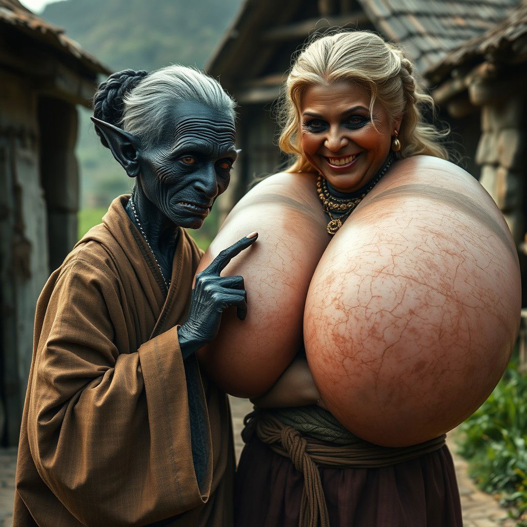 In a medieval village, features an elderly woman standing at 1 meter tall, resembling a dwarf, of African descent with completely black skin and a malnourished body