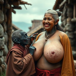 In a medieval village, features an elderly woman standing at 1 meter tall, resembling a dwarf, of African descent with completely black skin and a malnourished body