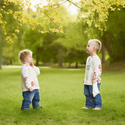 A lovely image of a boy and girl making eye contact in a park, each wearing outfits decorated with the alphabet 'S'.