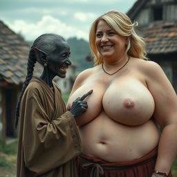In a medieval village, an elderly, very small African woman standing at 1 meter tall, resembling a gnome with completely black skin and a malnourished body