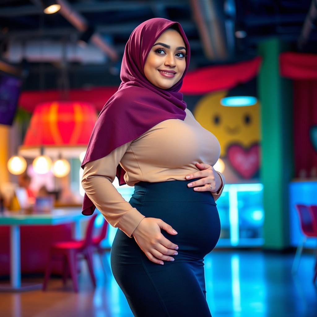 A beautiful woman wearing a hijab, standing gracefully at 160cm tall