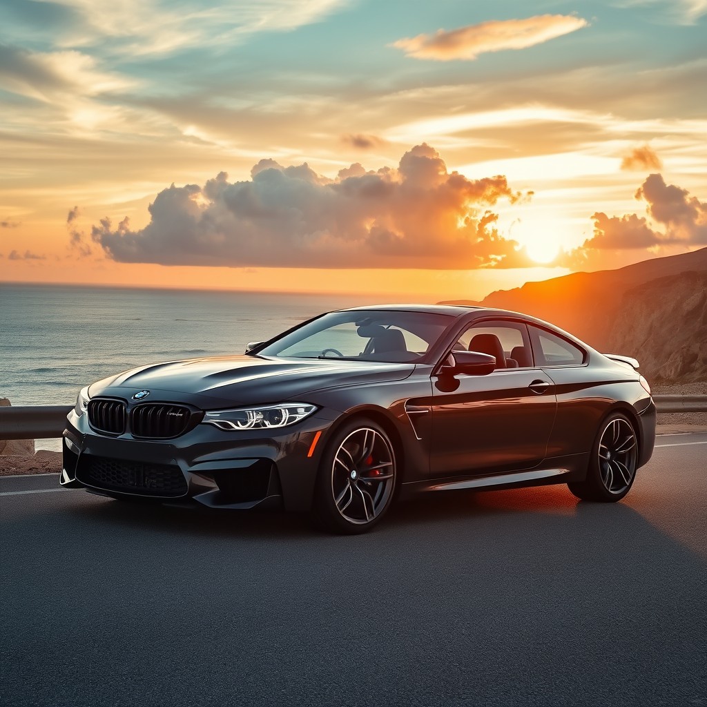 A sleek and powerful BMW M6 sports car parked elegantly on a coastal highway, the sunset casting a golden glow on its glossy black finish