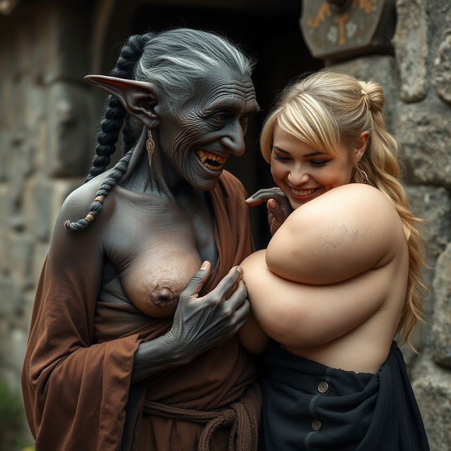 In a medieval village, an elderly woman resembling a dwarf, 1 meter tall, with totally black skin and a malnourished body, sporting sharp, decayed teeth and pointed ears like a goblin