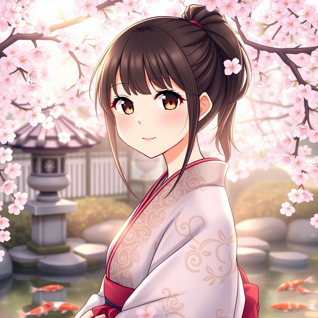 A Japanese girl with her hair styled in a side ponytail, wearing a traditional kimono adorned with intricate patterns