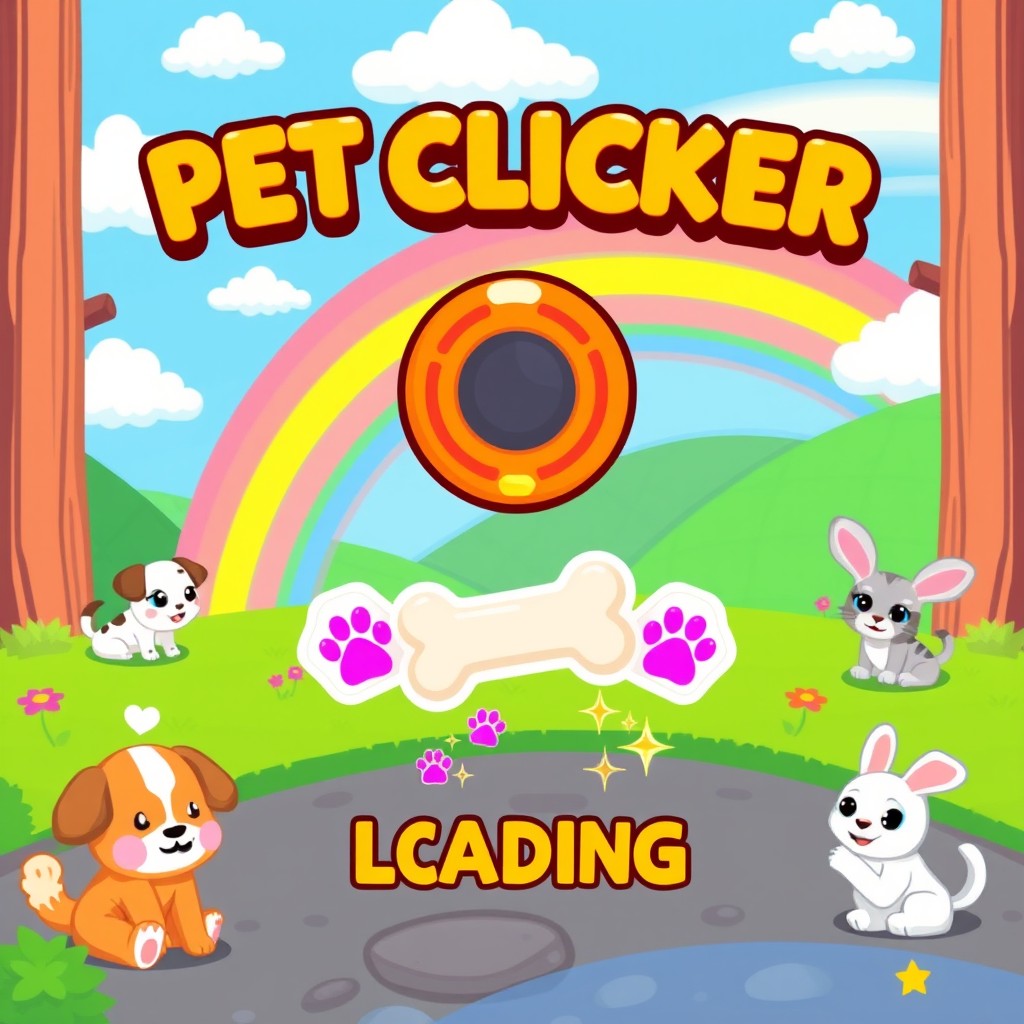 A vibrant and colorful pixel art loading screen for a pet clicker game, featuring a whimsical, cartoon-style landscape with adorable pixelated pets like puppies, kittens, and bunnies playfully interacting