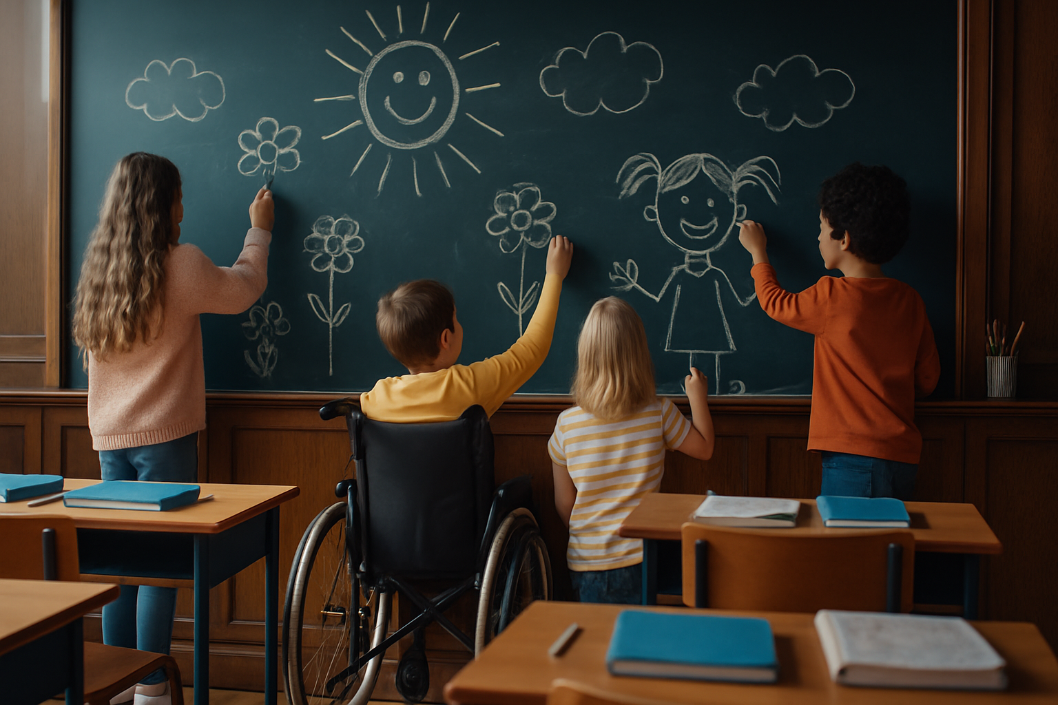 Happy kids drawing at the chalkboard. Kid in the center is in a wheelchair.