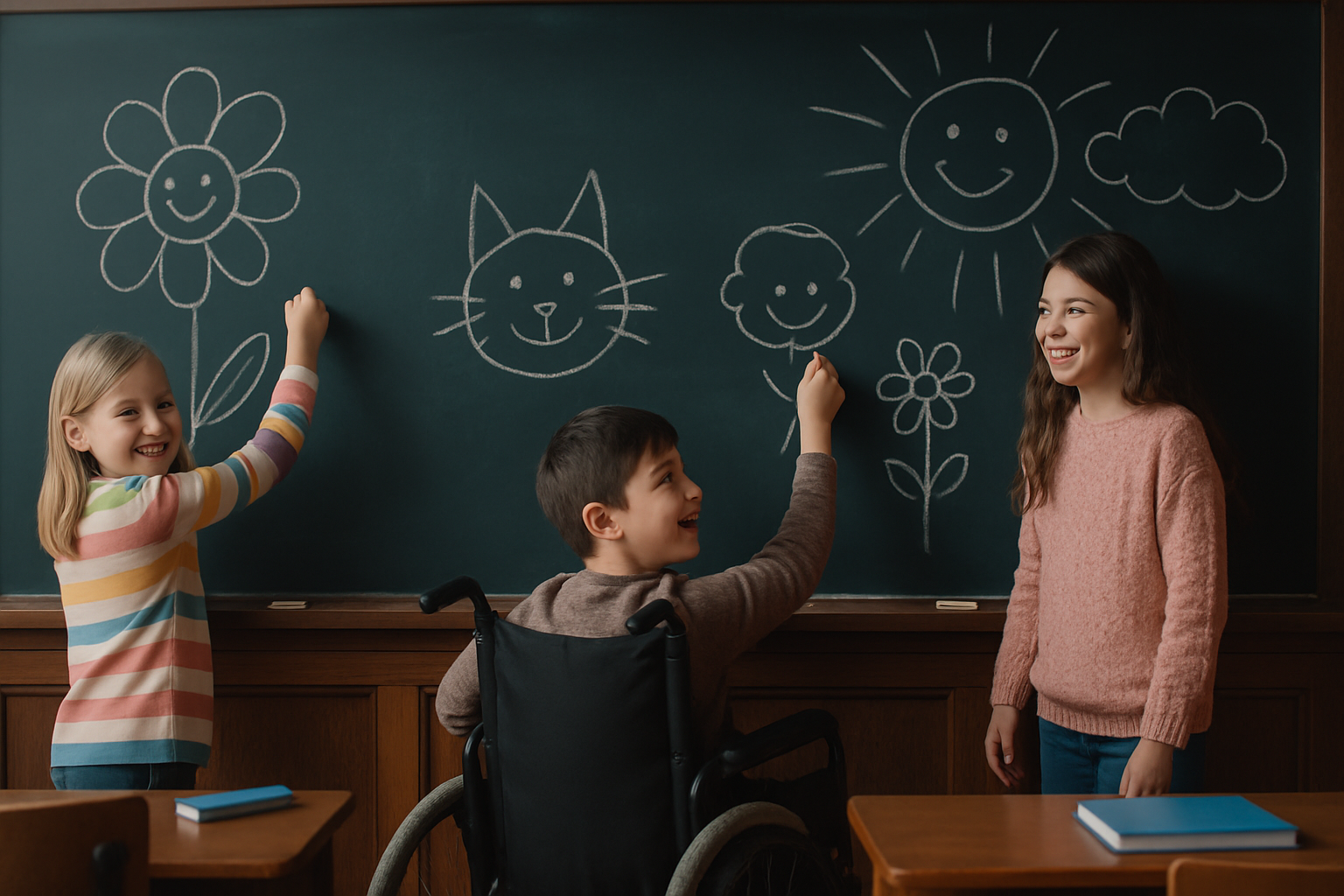 Happy kids drawing at the chalkboard. Kid in the center is in a wheelchair.