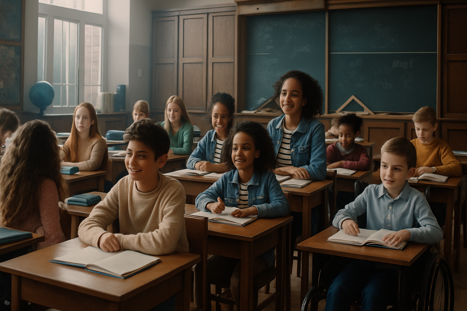 Do the same composition with class full of kids. One kid with a wheel chair.