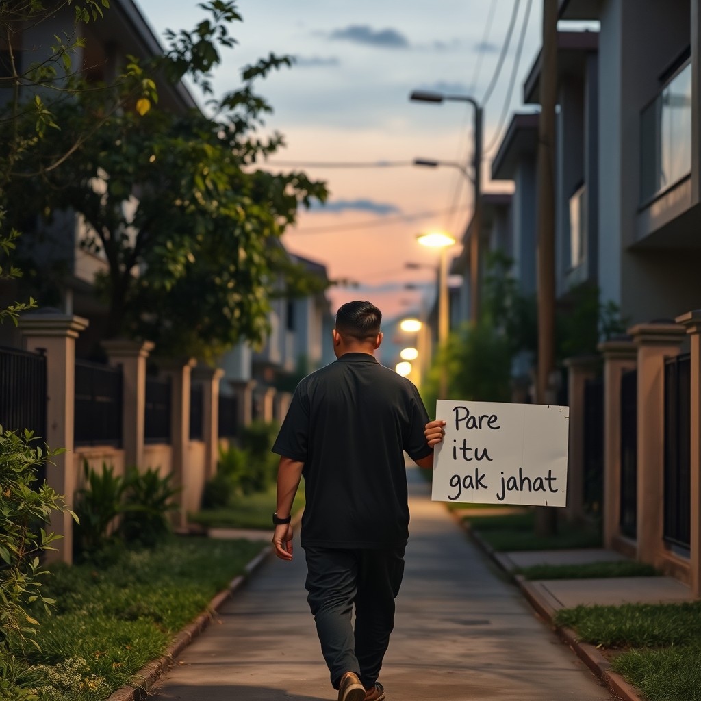 A peaceful residential neighborhood at dusk, featuring a narrow walking path illuminated by dim street lamps casting a tranquil glow