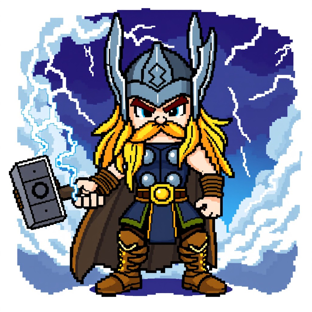 A vibrant pixel art depiction of Thor, the Norse god of thunder, showcasing his iconic helmet with winged sides, long flowing hair, and a muscular build
