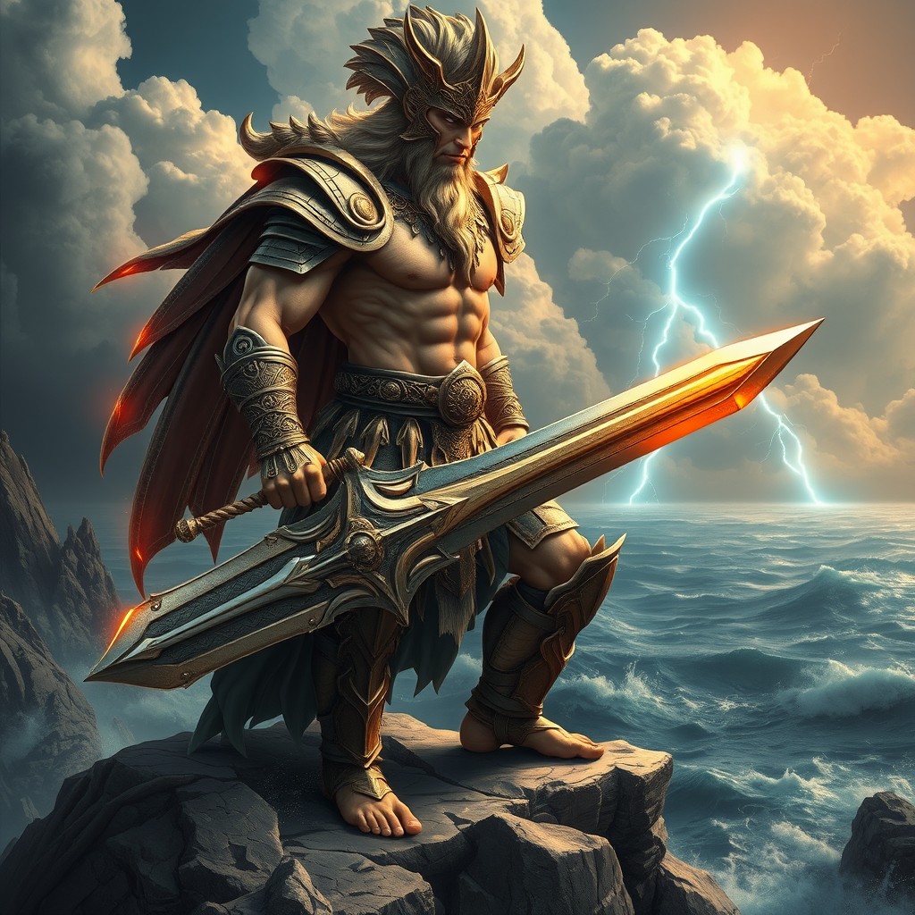 A stunning depiction of a mythical warrior inspired by ancient Greek mythology, showcasing an imposing figure in intricate armor reminiscent of a classic video game design