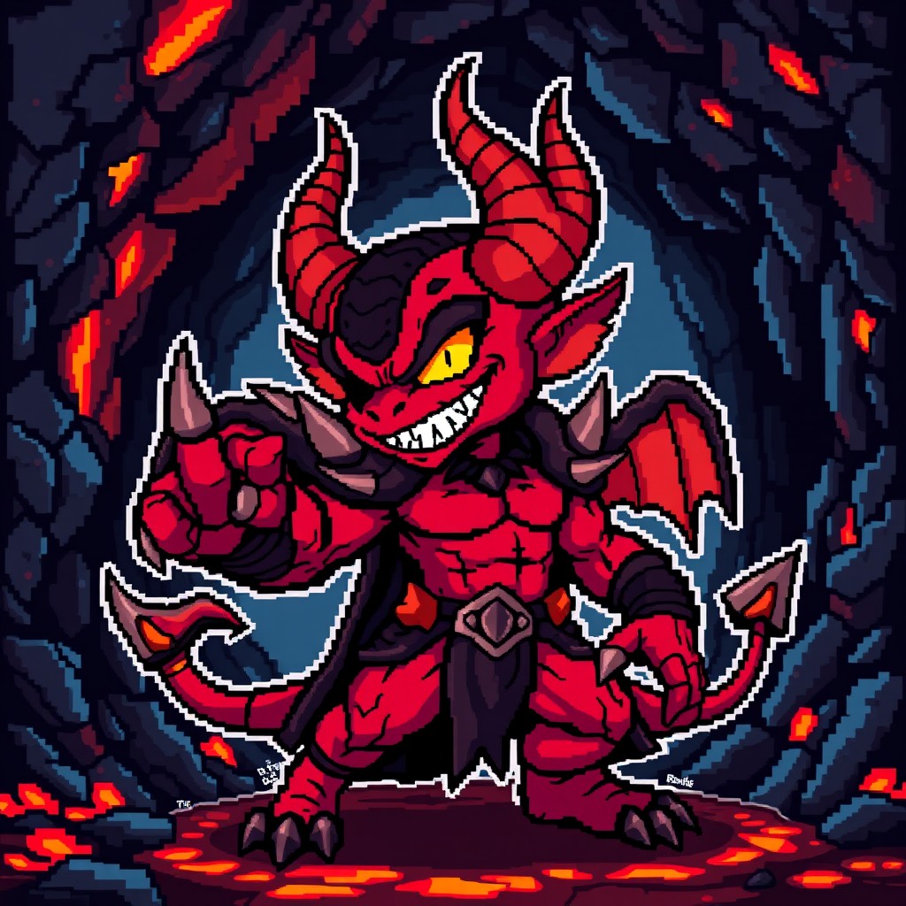 A vibrant and colorful pixel art representation of a fierce demon character, featuring red and black skin, large sharp horns curving upwards, glowing yellow eyes, and a mischievous grin
