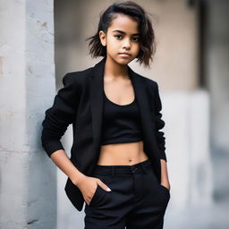 A tomboy styled girl dressed in fashionable black attire, exuding confidence