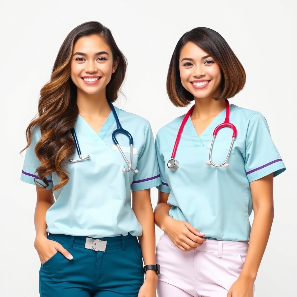 Two confident young women dressed in stylish nurse uniforms, smiling brightly at the camera