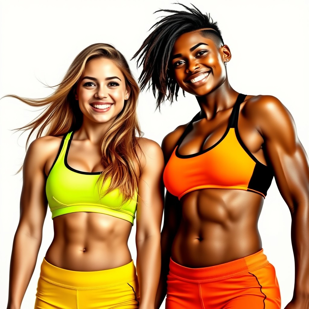 Two muscular, confident young women smiling brightly, showcasing their strong physiques and healthy posture
