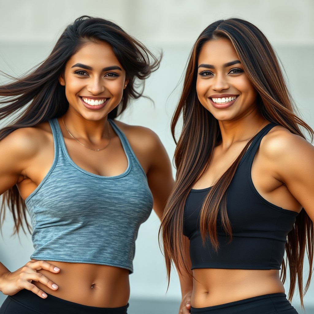 Two stunning, muscular, confident young mixed Asian women smiling joyfully