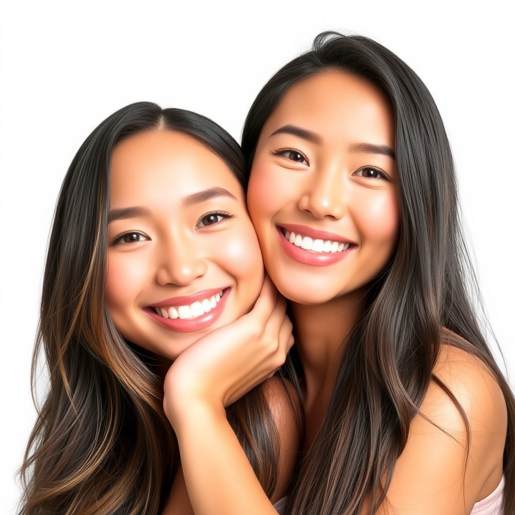Two stunning, confident young mixed Asian women smiling brightly, isolated against a plain background