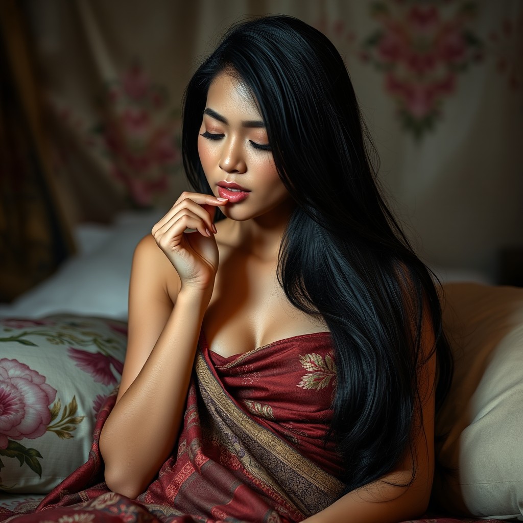 A stunning Indonesian woman draped in a traditional sarong, peacefully sleeping while gently biting her lower lip, with a serene expression on her face