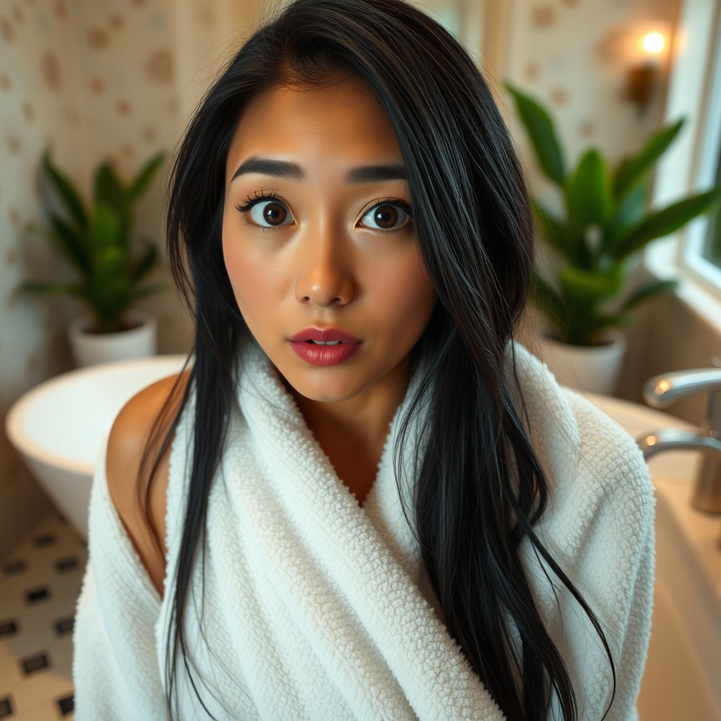 A 30-year-old Indonesian woman with long black hair, displaying an expression of surprise while wrapped in a towel