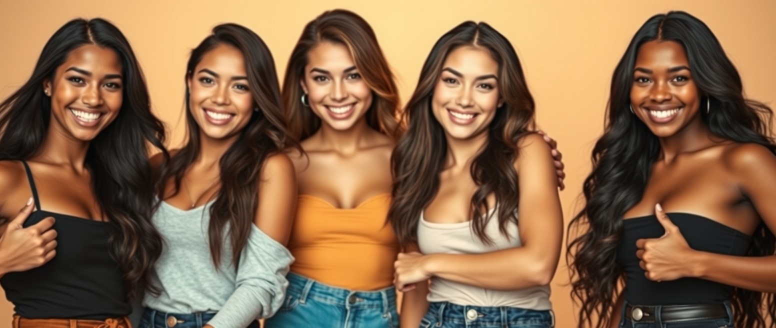 Four confident and muscular young mixed Latin-Asian women, each smiling brightly and showcasing their long, flowing hair