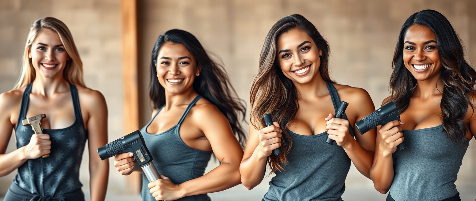 Four confident women with impressive muscular physiques, showcasing their young mixed Swedish-Asian heritage, each smiling radiantly
