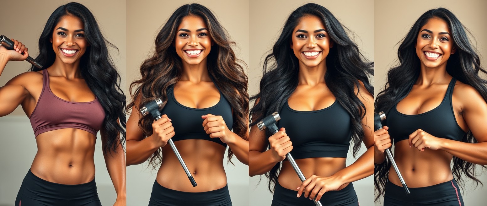 Four confident bodybuilder women of mixed American and Asian heritage, each smiling radiantly and showcasing their long, beautiful hair