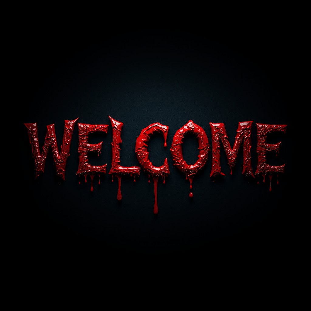 The word 'WELCOME' artistically rendered in a dramatic and haunting style using a blood-like texture