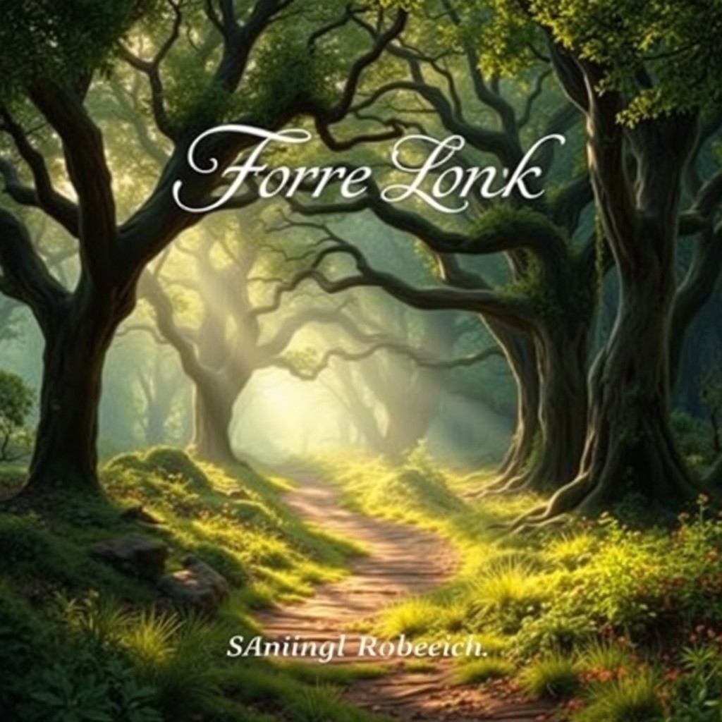 A captivating book cover design featuring a mystical forest landscape bathed in soft sunlight, with ancient trees and enchanting flora