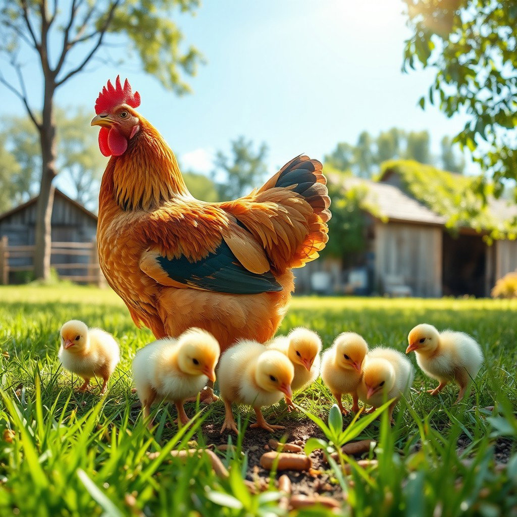 A vibrant farm scene featuring a hen (gallina) with adorable yellow chicks (pollitos) foraging for worms (lombrices) on the ground