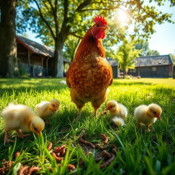 A vibrant farm scene featuring a hen (gallina) with adorable yellow chicks (pollitos) foraging for worms (lombrices) on the ground