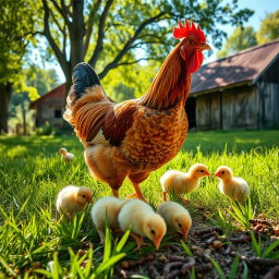 A vibrant farm scene featuring a hen (gallina) with adorable yellow chicks (pollitos) foraging for worms (lombrices) on the ground