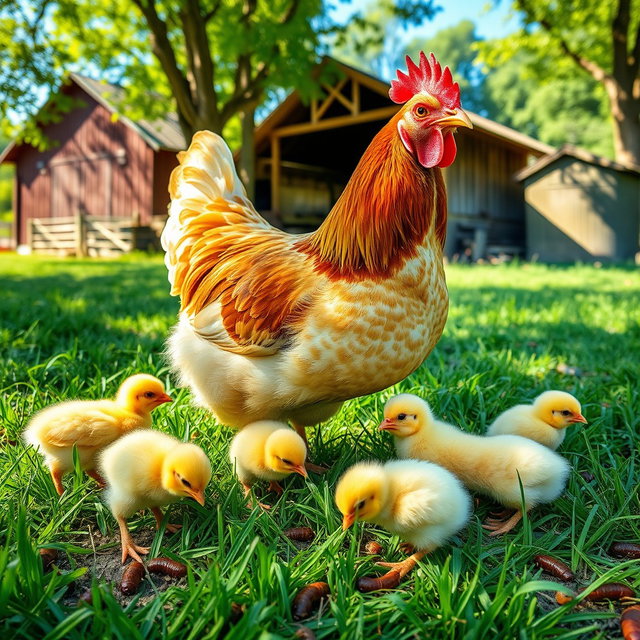A vibrant farm scene featuring a hen (gallina) with adorable yellow chicks (pollitos) foraging for worms (lombrices) on the ground
