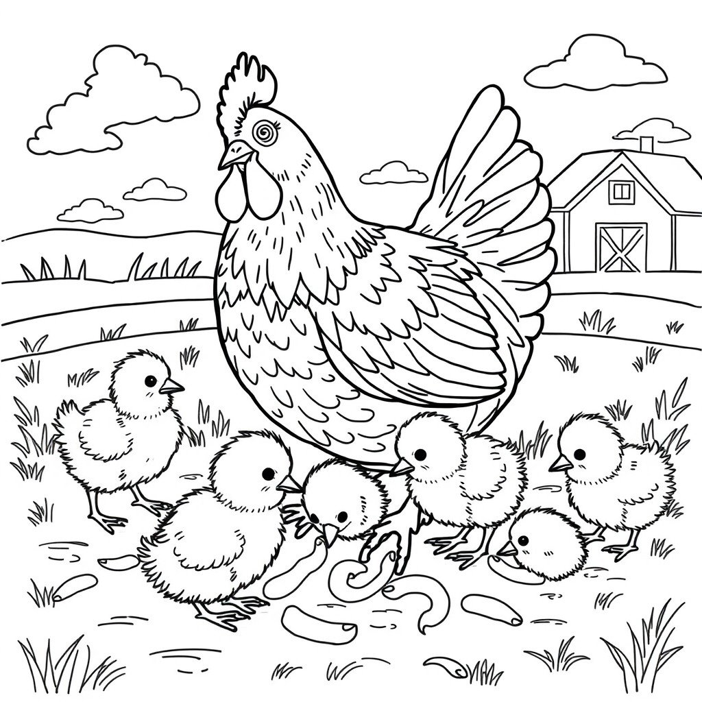 A line art illustration suitable for coloring, showing a hen (gallina) surrounded by her cute yellow chicks (pollitos) eagerly pecking at worms (lombrices) on the ground