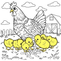A line art illustration suitable for coloring, showing a hen (gallina) surrounded by her cute yellow chicks (pollitos) eagerly pecking at worms (lombrices) on the ground