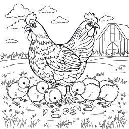 A line art illustration suitable for coloring, showing a hen (gallina) surrounded by her cute yellow chicks (pollitos) eagerly pecking at worms (lombrices) on the ground