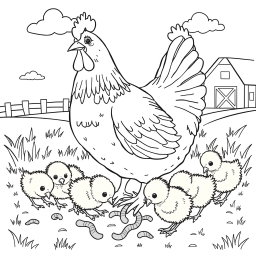 A line art illustration suitable for coloring, showing a hen (gallina) surrounded by her cute yellow chicks (pollitos) eagerly pecking at worms (lombrices) on the ground