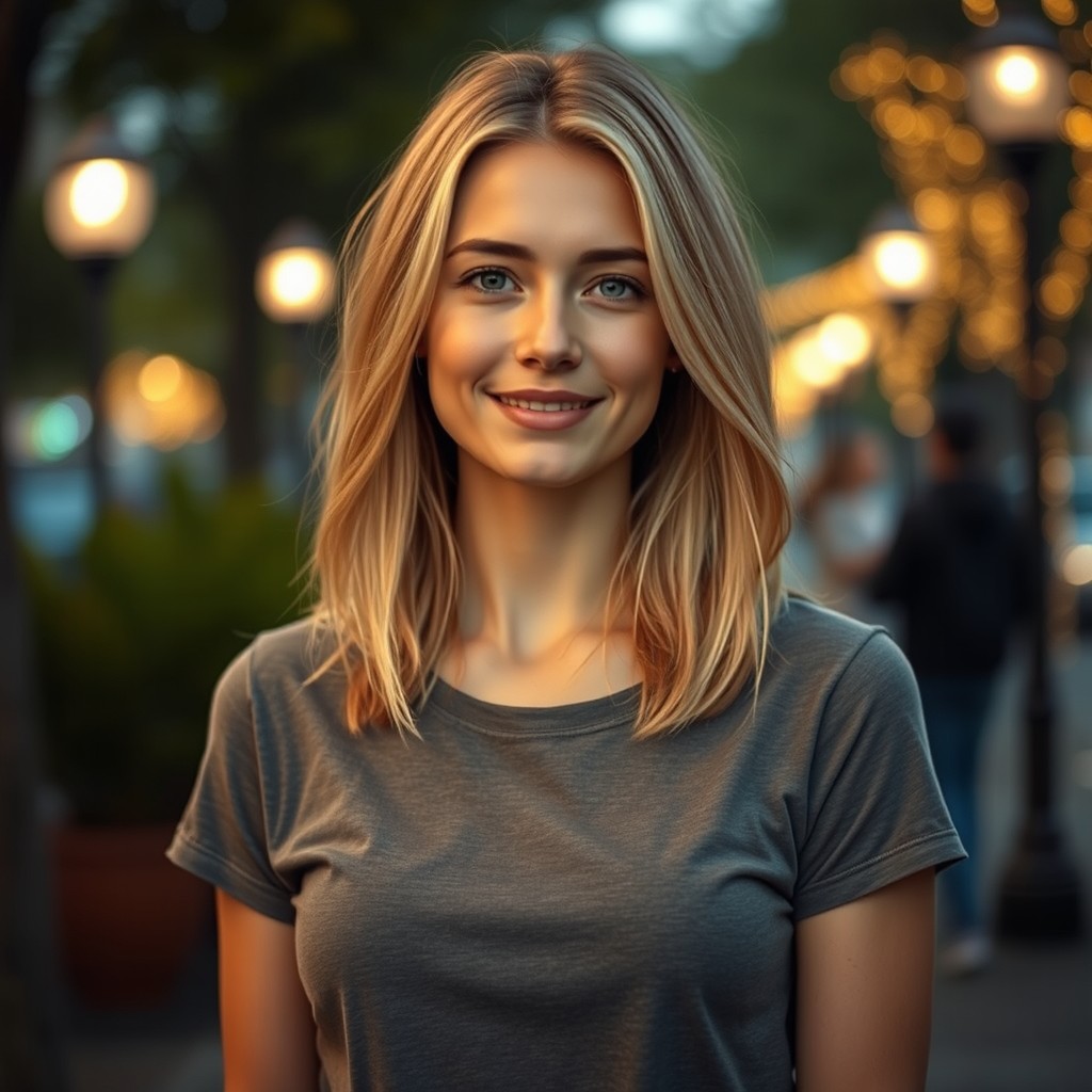 A realistic portrait of a young woman with a natural body, shoulder-length blond hair, a soft smile, and calm eyes