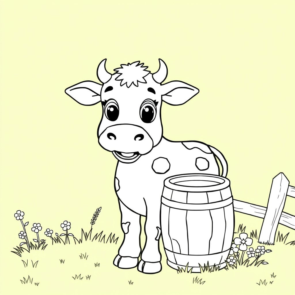 A line art illustration suitable for coloring, featuring a friendly cow (vaca) standing beside a wooden milk bucket