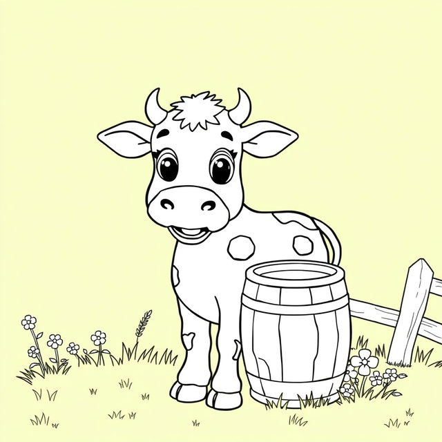 A line art illustration suitable for coloring, featuring a friendly cow (vaca) standing beside a wooden milk bucket