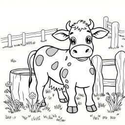 A line art illustration suitable for coloring, featuring a friendly cow (vaca) standing beside a wooden milk bucket