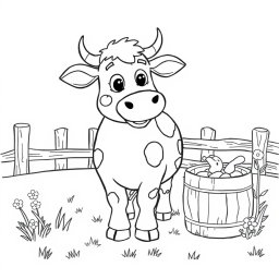 A line art illustration suitable for coloring, featuring a friendly cow (vaca) standing beside a wooden milk bucket