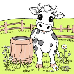 A line art illustration suitable for coloring, featuring a friendly cow (vaca) standing beside a wooden milk bucket