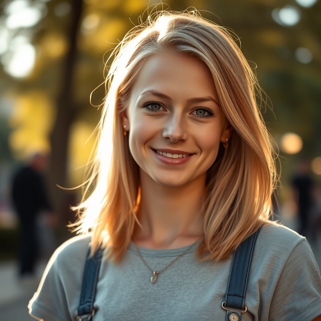 A realistic portrait of a young woman with a natural body, shoulder-length blond hair, a soft smile, and calm eyes